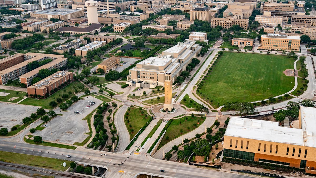 Aerial view of the Texas A&M University College Station campus focused on the Albritton clock tower.