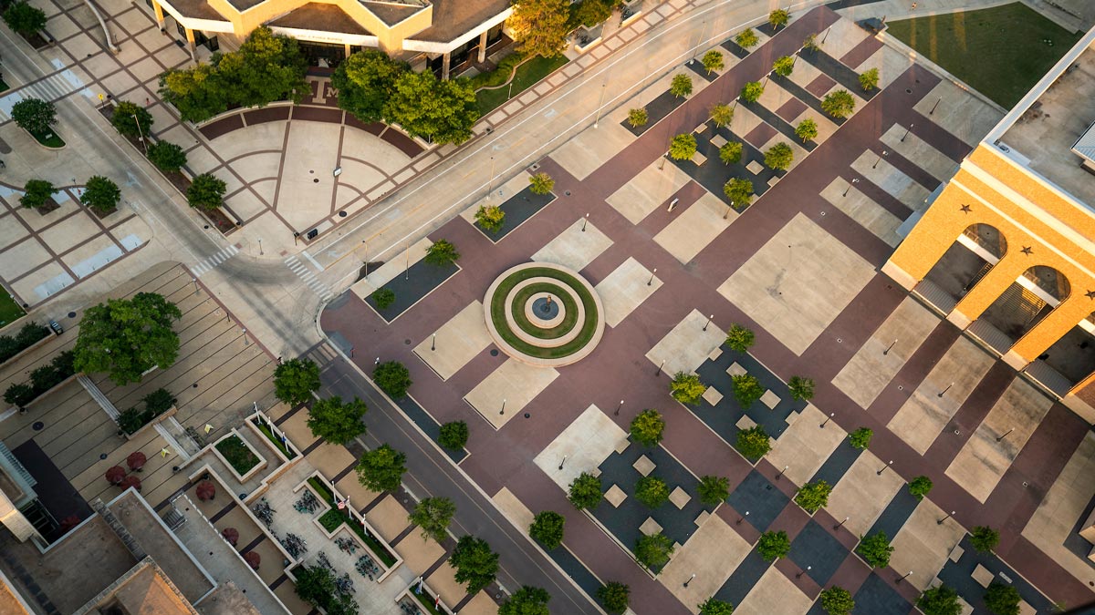 Aerial view of the Texas A&M University College Station campus focused on the plaza outside of Kyle Field.
